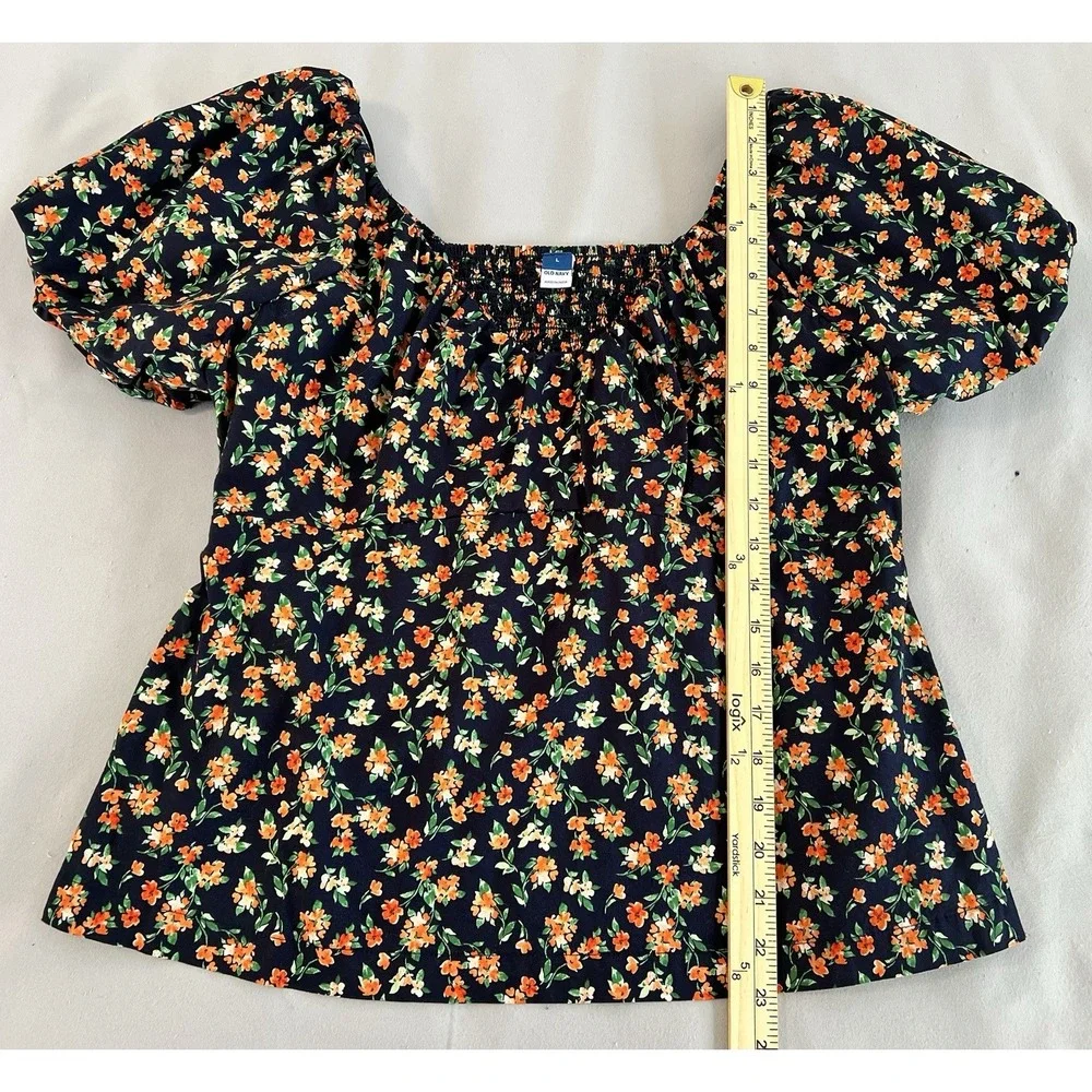 Old Navy Floral Puff Sleeve Blouse Womens Sz Large Heart‎ Neck Multicolor